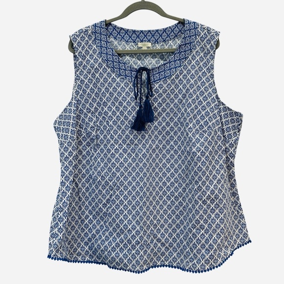 Talbots Tops - Talbots Blue White Geometric Cotton Tank Tassels Petite Plus Size 3X